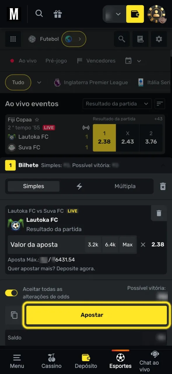 Faça a sua primeira aposta na aplicação Menace King.