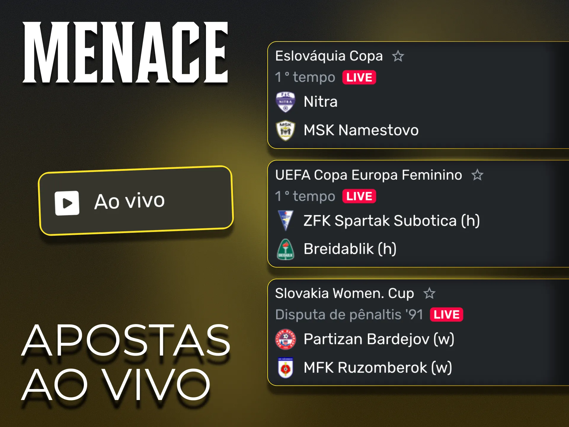 Explore a secção de apostas ao vivo do Menace King.
