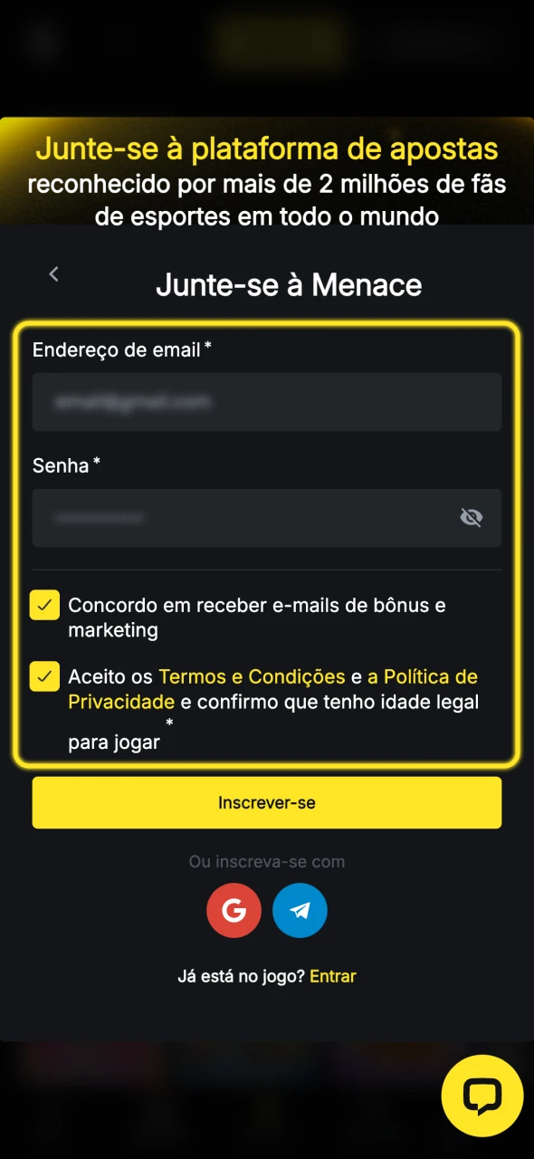 Insira os seus dados pessoais para criar uma conta Menace King.
