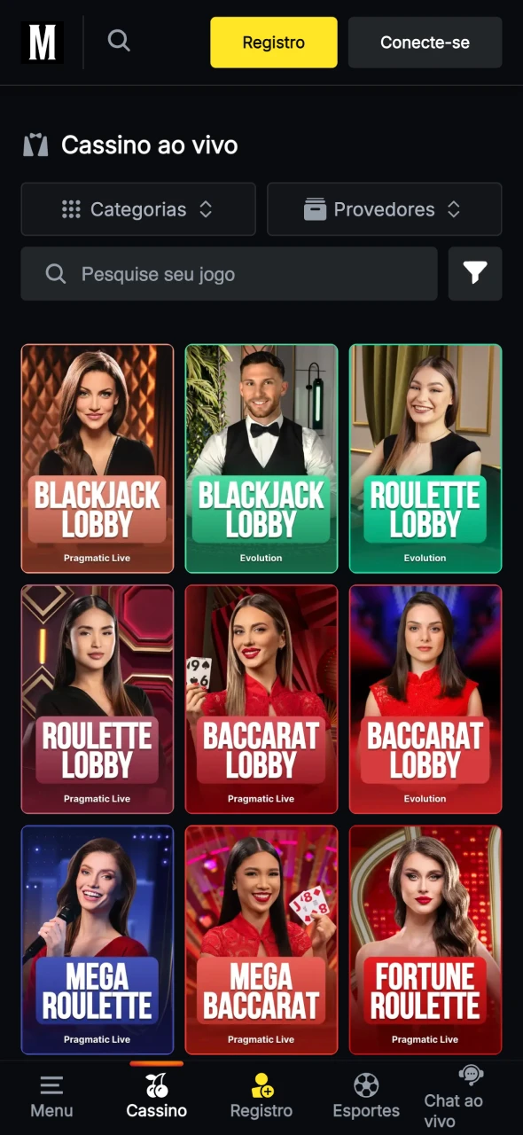 A aplicação Menace King oferece vários jogos de casino.