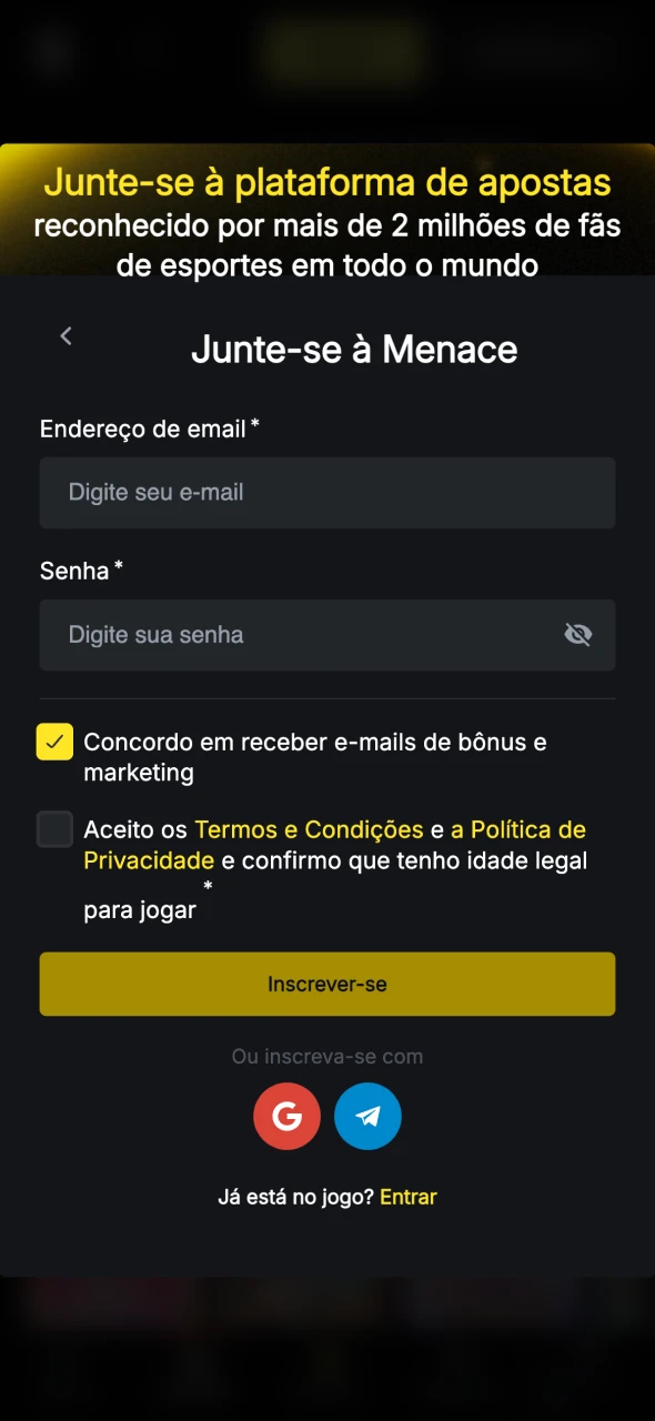 Registe a sua conta Menace King através da aplicação.