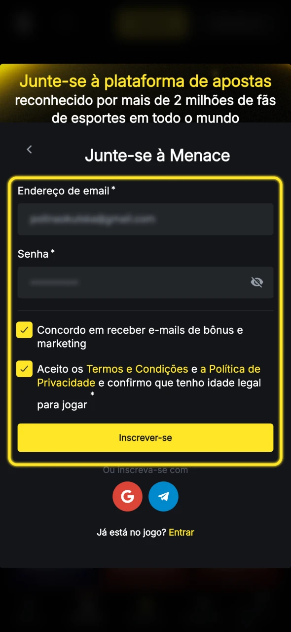 Faça o processo de registo no Menace King.