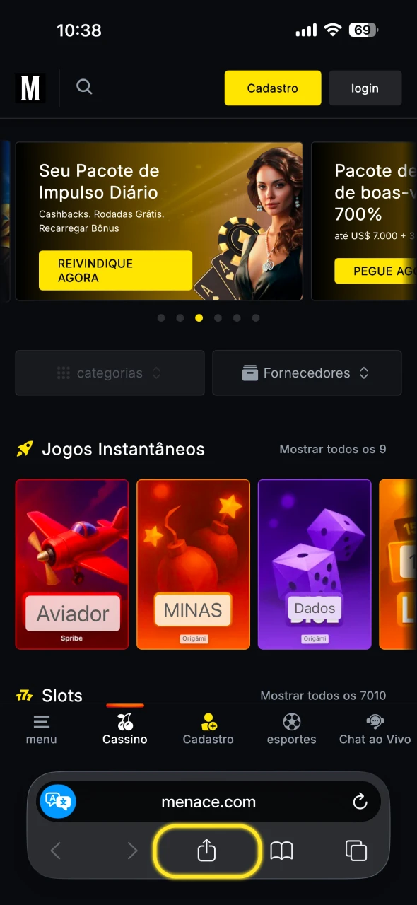 Toque no botão na parte inferior do ecrã.