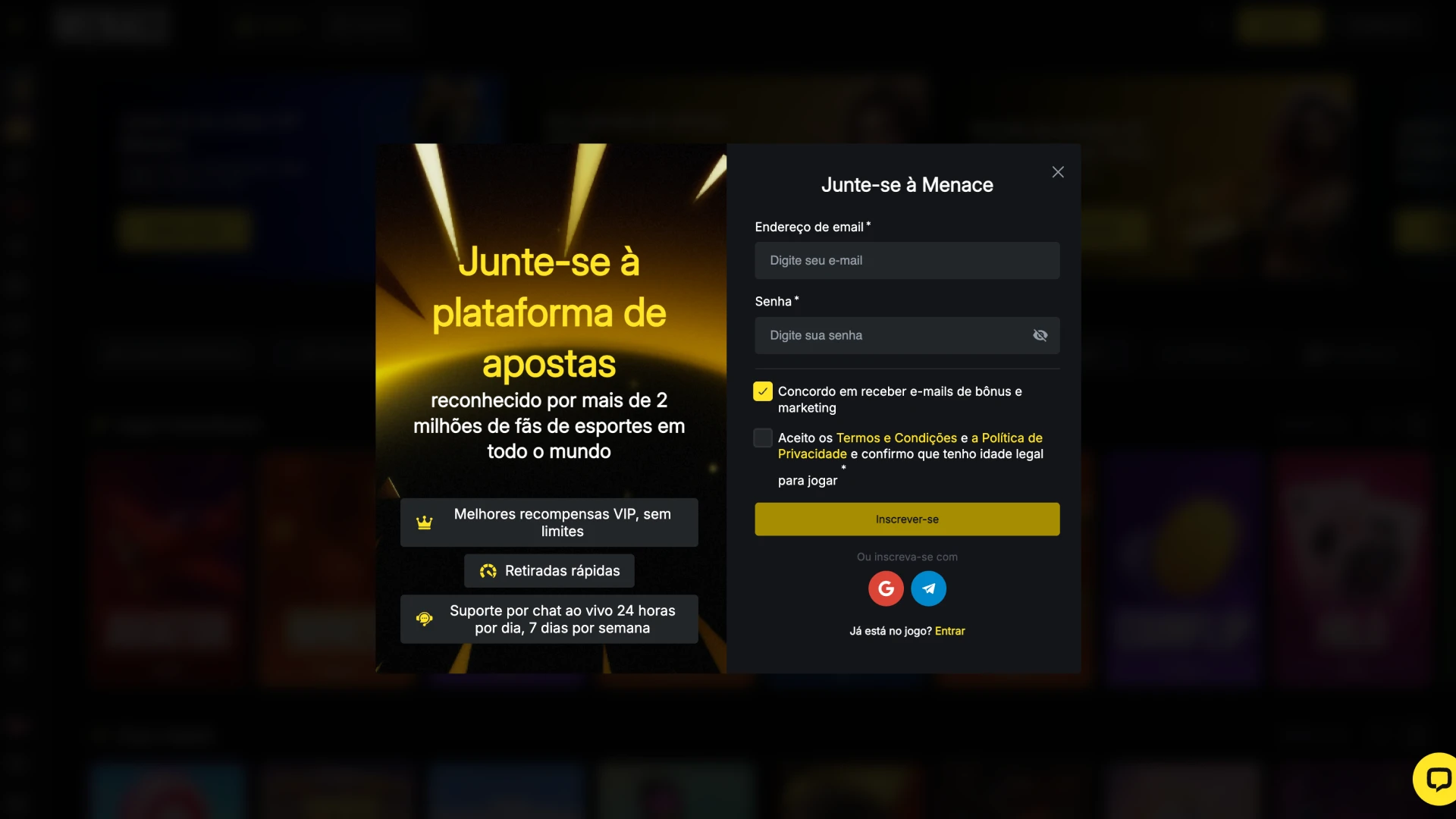 Inicie o processo de registo na plataforma Menace King.