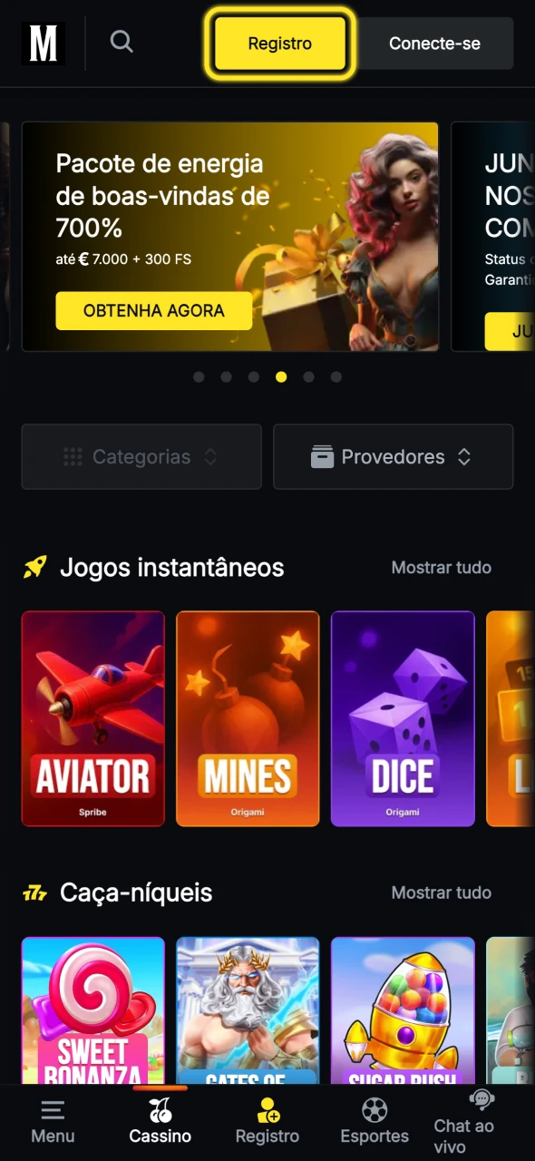 Clique em Registar na parte superior do site Menace King.