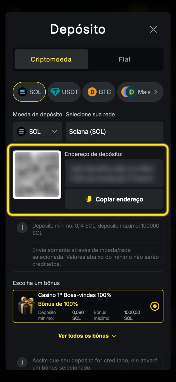 Insira os dados necessários na secção de depósito do Menace King.