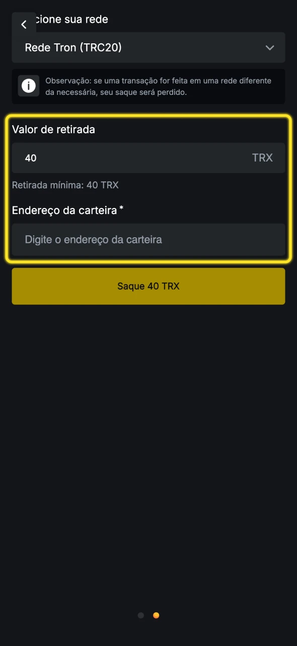 Insira os detalhes da retirada solicitada no Menace King.