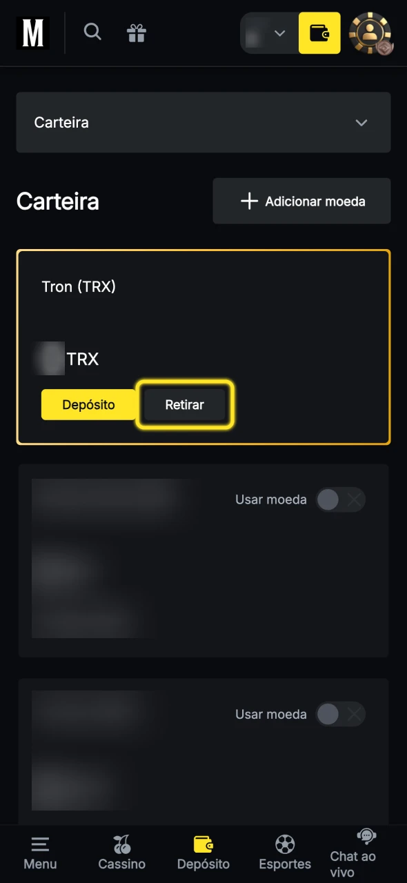 Selecione um método de pagamento Menace King e mude para levantamento.