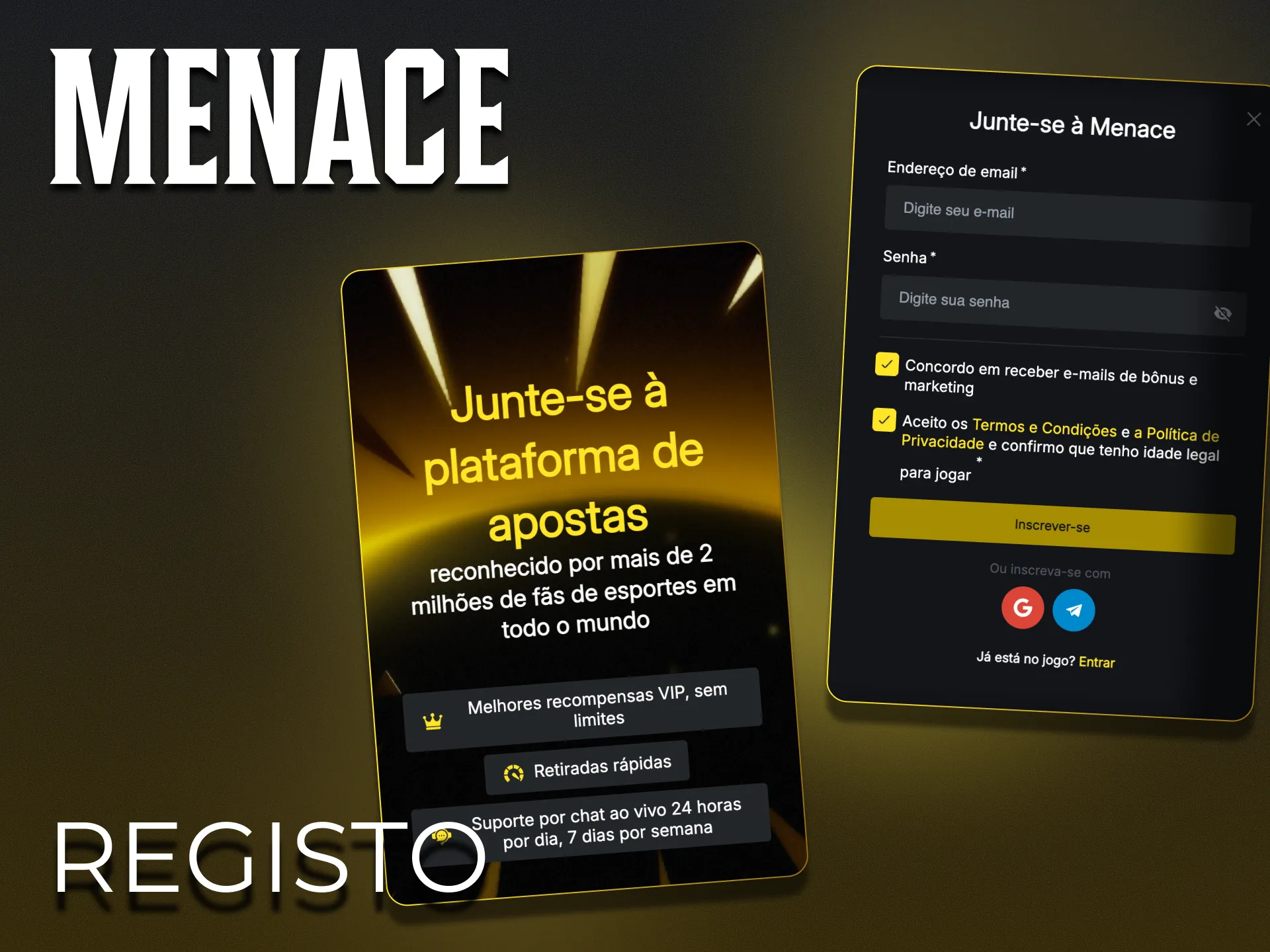 Crie a sua conta em segundos na plataforma Menace King.