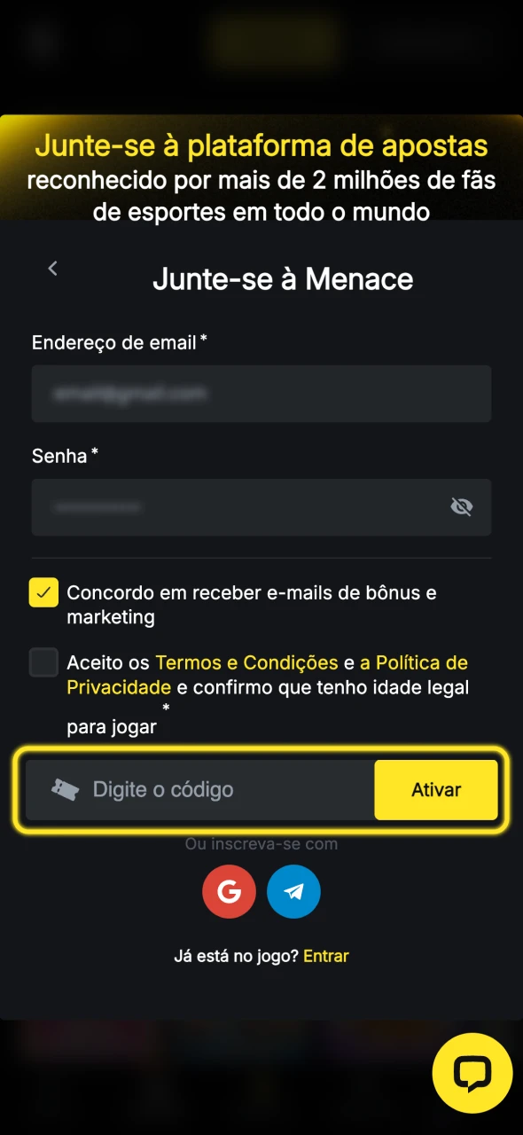 Aplique um código promocional no registo do Menace King.