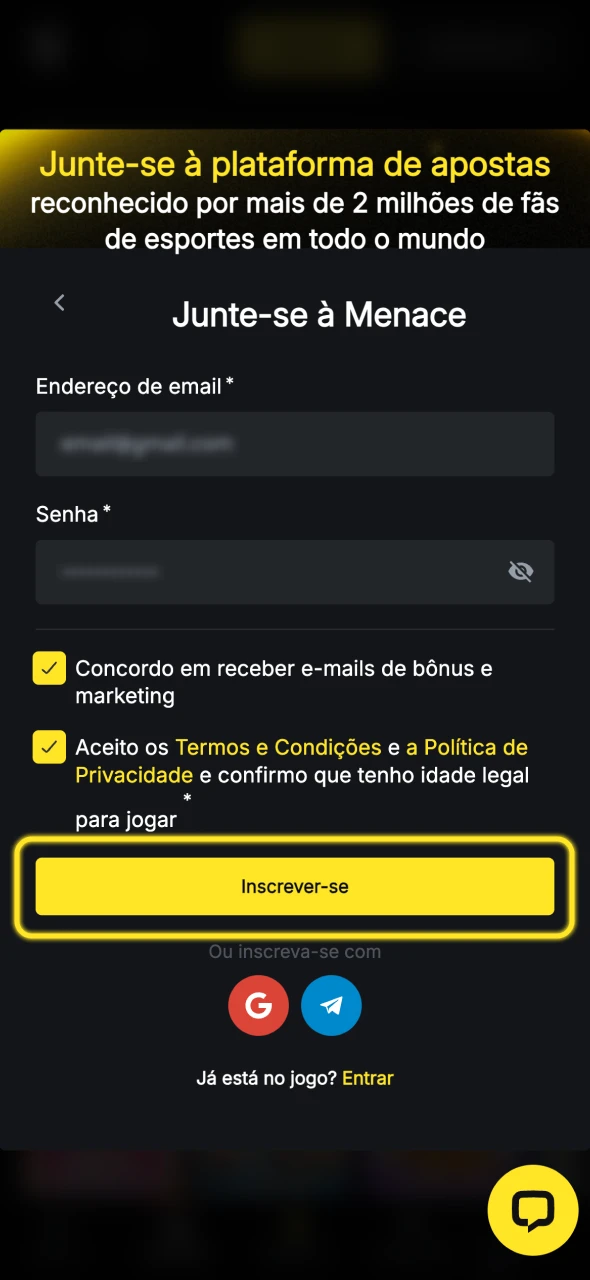 Verifique as informações que inseriu e crie uma conta Menace King.