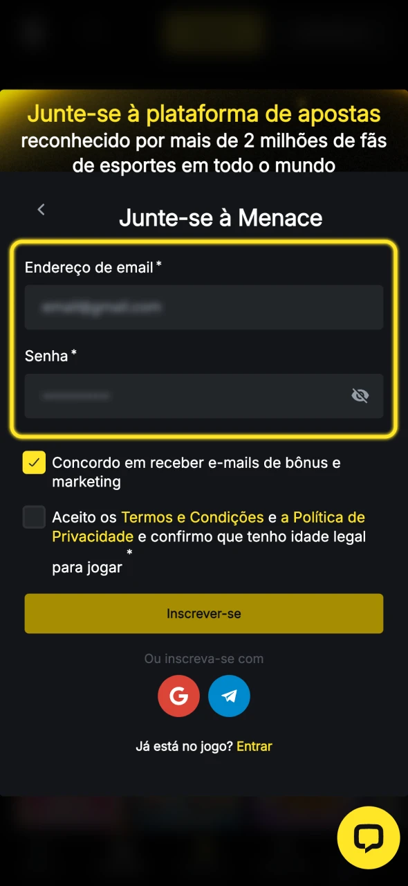 Preencha o formulário Menace King com as suas informações pessoais.