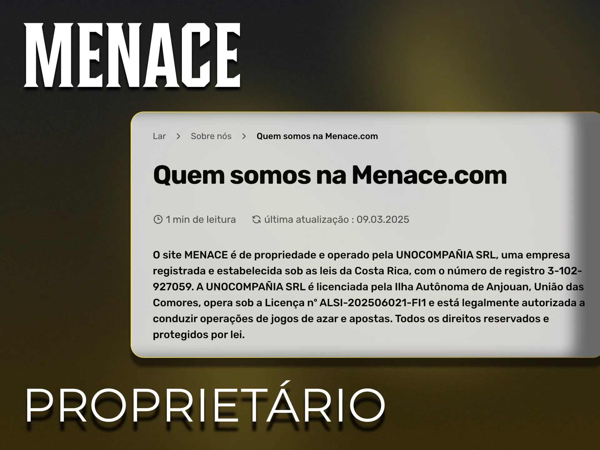 O MenaceKing Casino é licenciado e pertence à UNOCOMPAÑIA S.R.L.