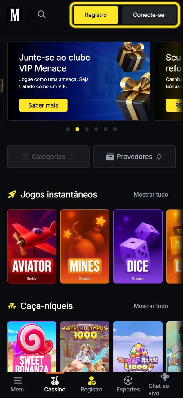 Clique em Registar e preencha o formulário rápido no Menace King.